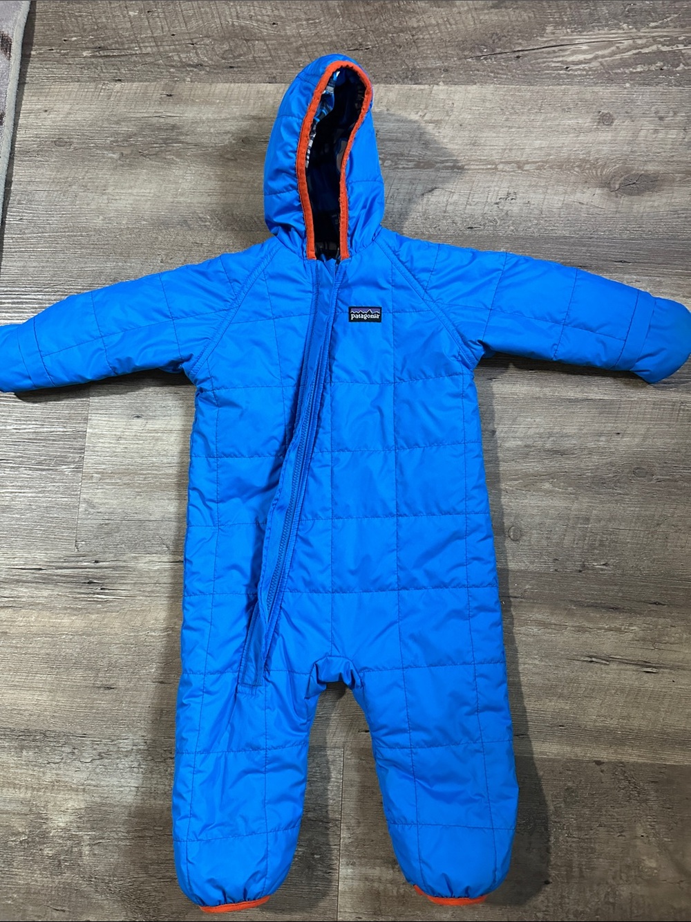 Patagonia Blue Reversible Infant Hooded Snowsuit with Orange Trim